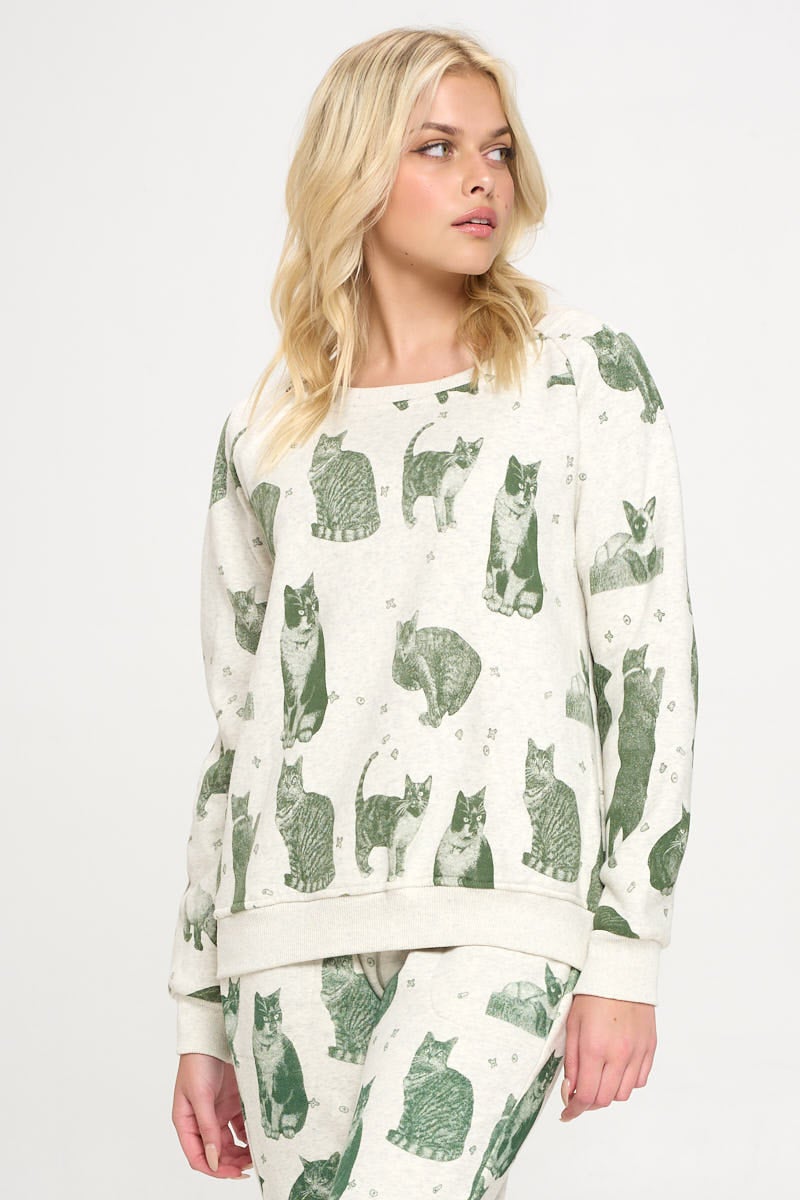 SM WARDROBE SW76 GREEN CAT PRINT SWEATSHIRT | Kiki's Perkins